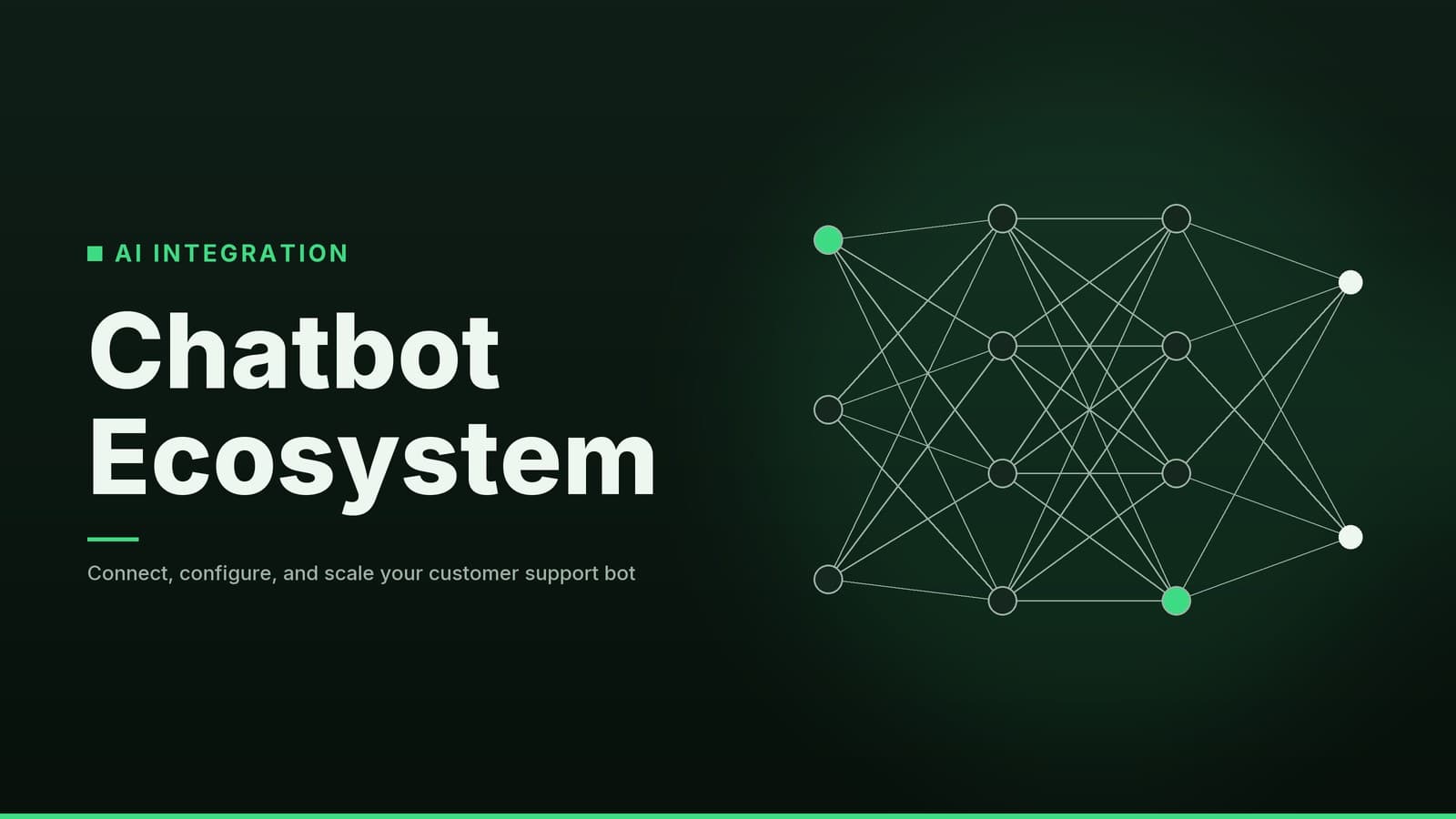 Editorial graphic: “Chatbot Ecosystem” headline beside a layered network of connected nodes, forest mint palette