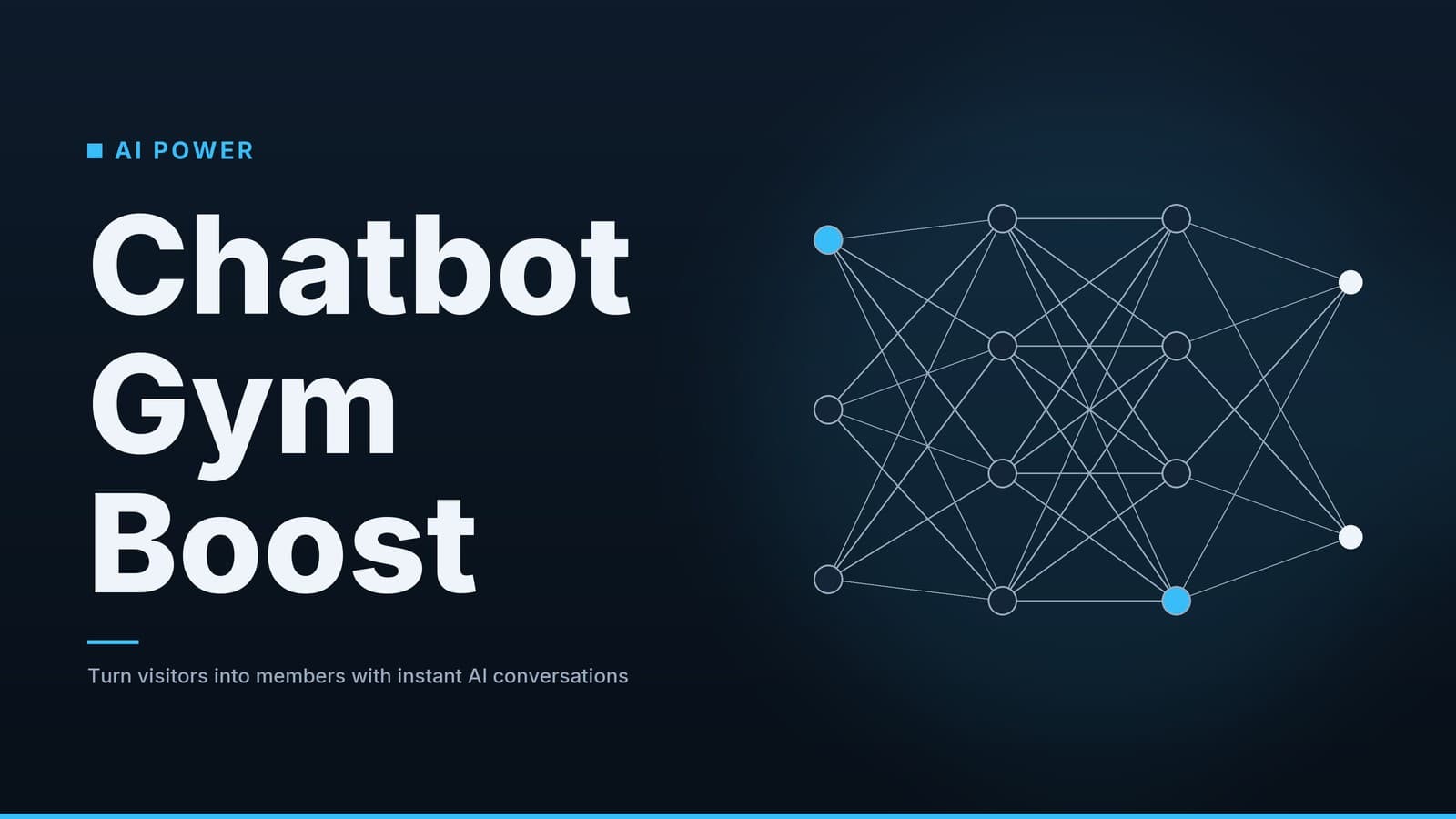 Editorial graphic: “Chatbot Gym Boost” headline beside a layered network of connected nodes, ocean palette