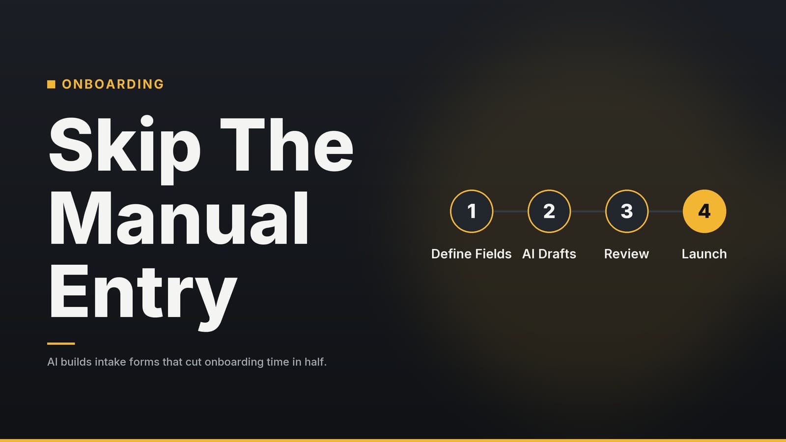 Editorial graphic: “Skip The Manual Entry” headline beside a sequence of numbered steps, graphite amber palette