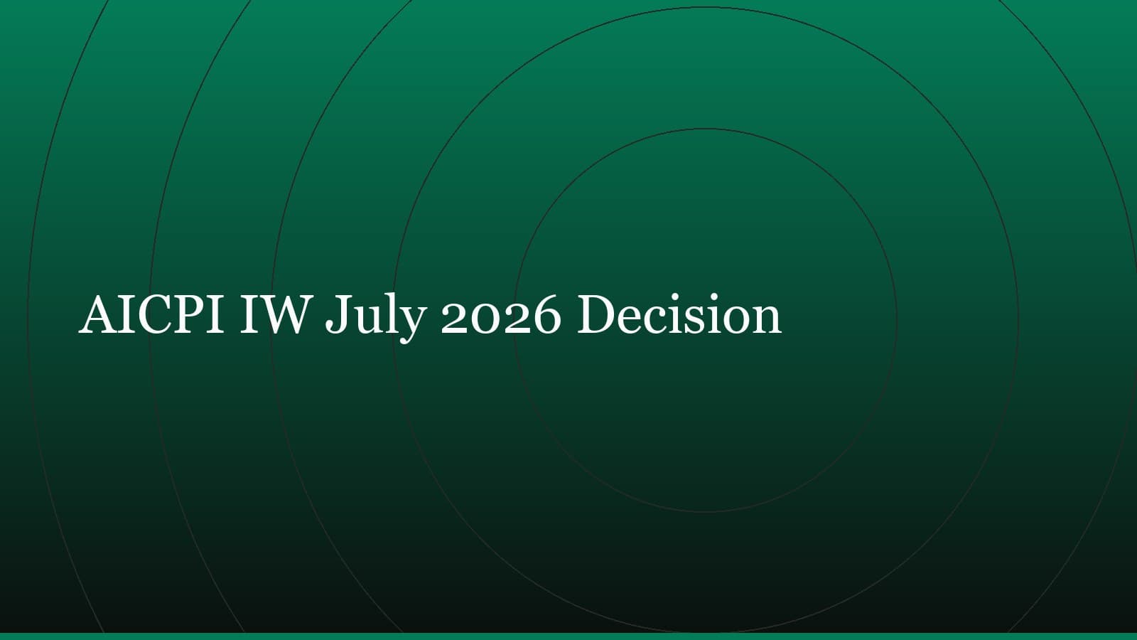Title card reading “AICPI IW July 2026 Decision” set in white on a dark green gradient with concentric circle motifs
