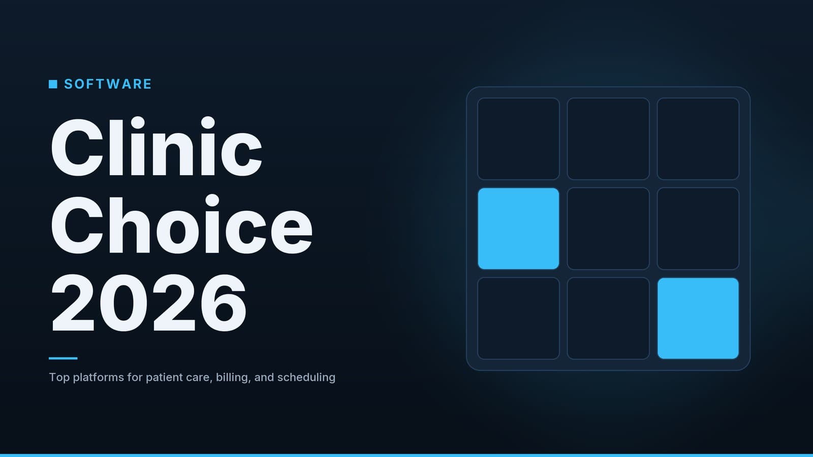 Editorial graphic: “Clinic Choice 2026” headline beside a three-by-three tile grid with highlighted tiles, ocean palette