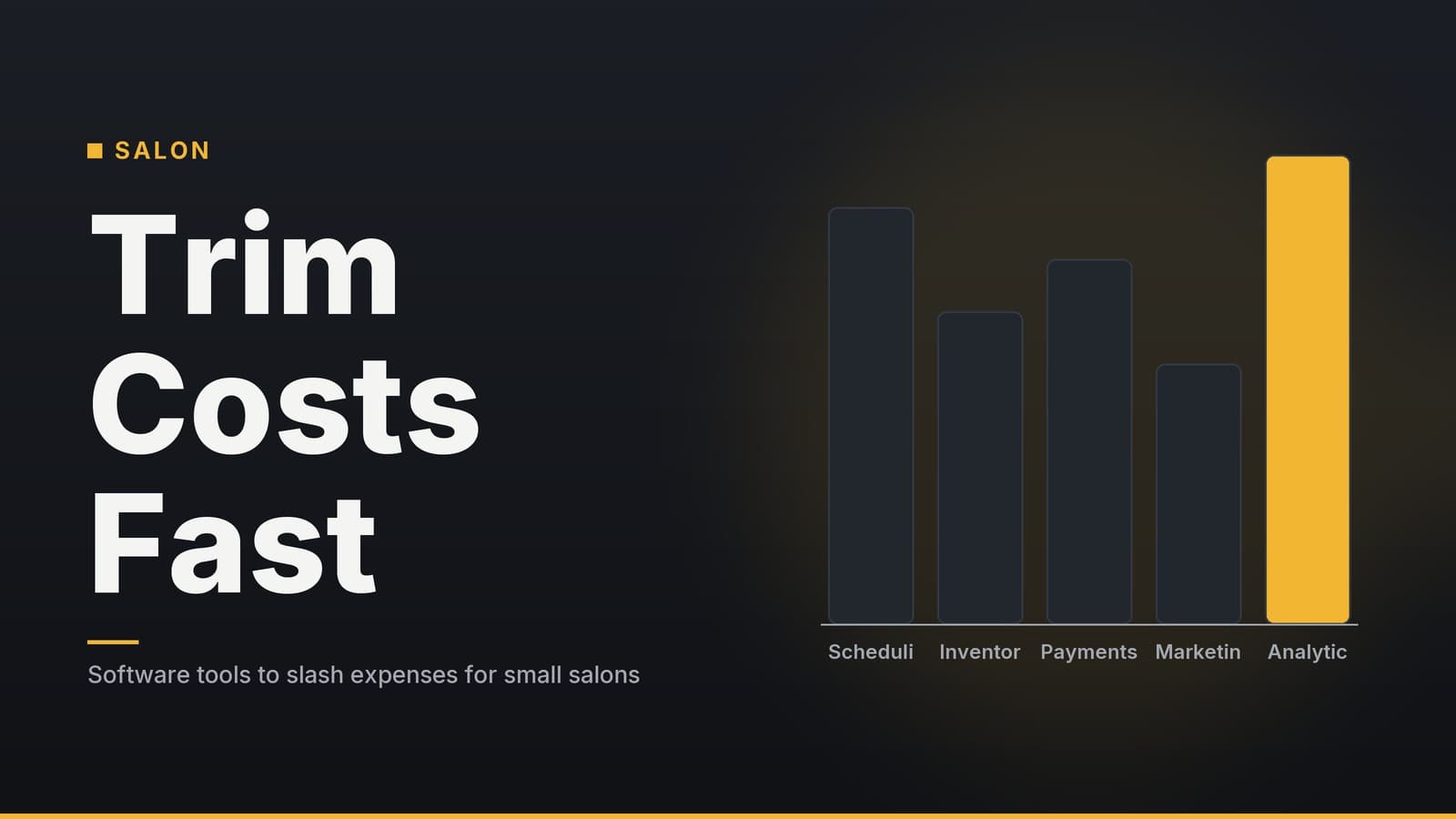Editorial graphic: “Trim Costs Fast” headline beside a simple bar chart, graphite amber palette