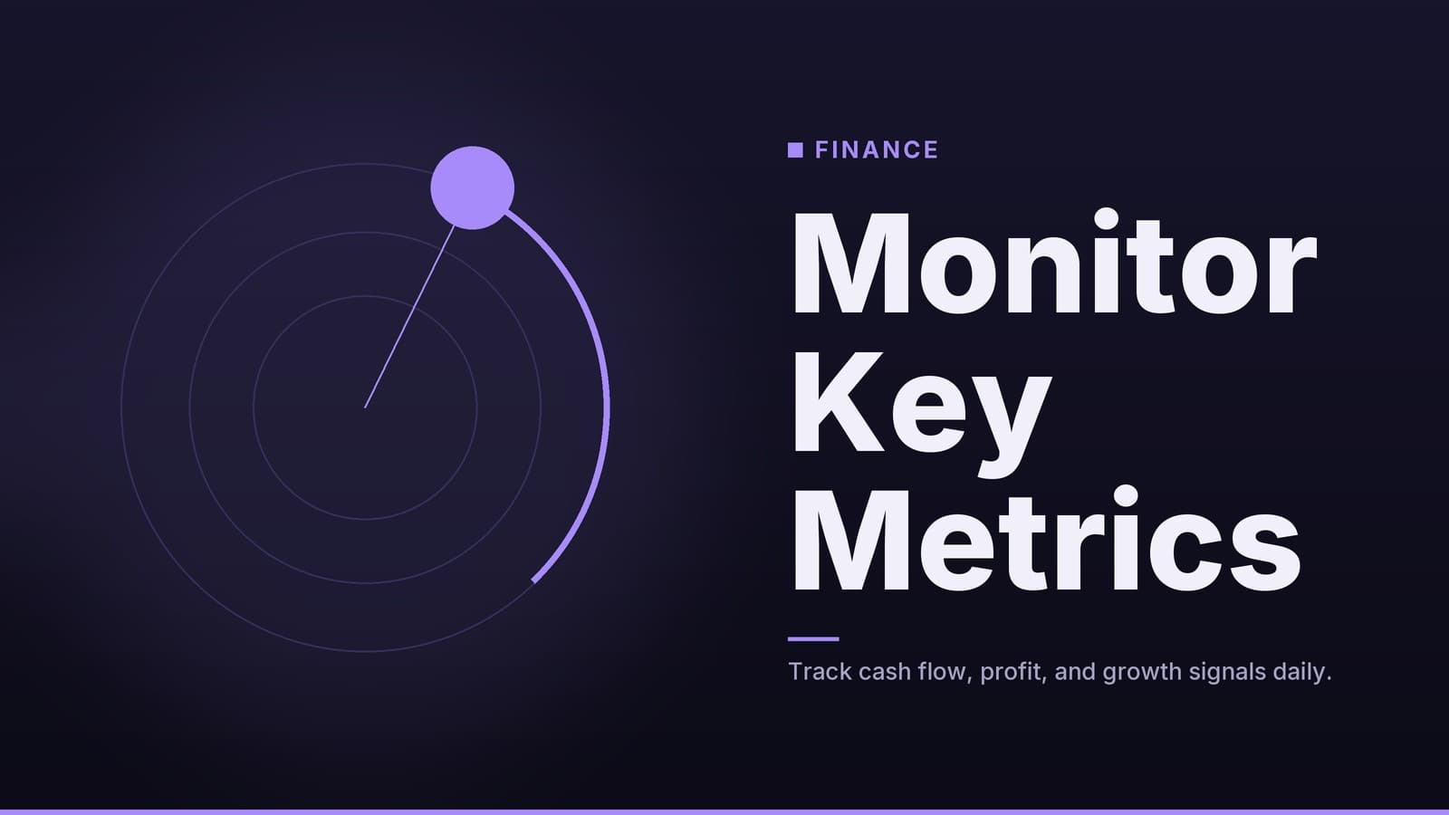Editorial graphic: “Monitor Key Metrics” headline beside concentric rings with a bright marker on an arc, midnight violet palette