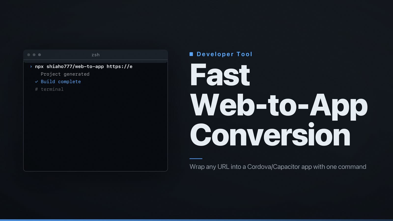 Terminal window showing the command to convert a website into a hybrid mobile app using shiaho777/web-to-app