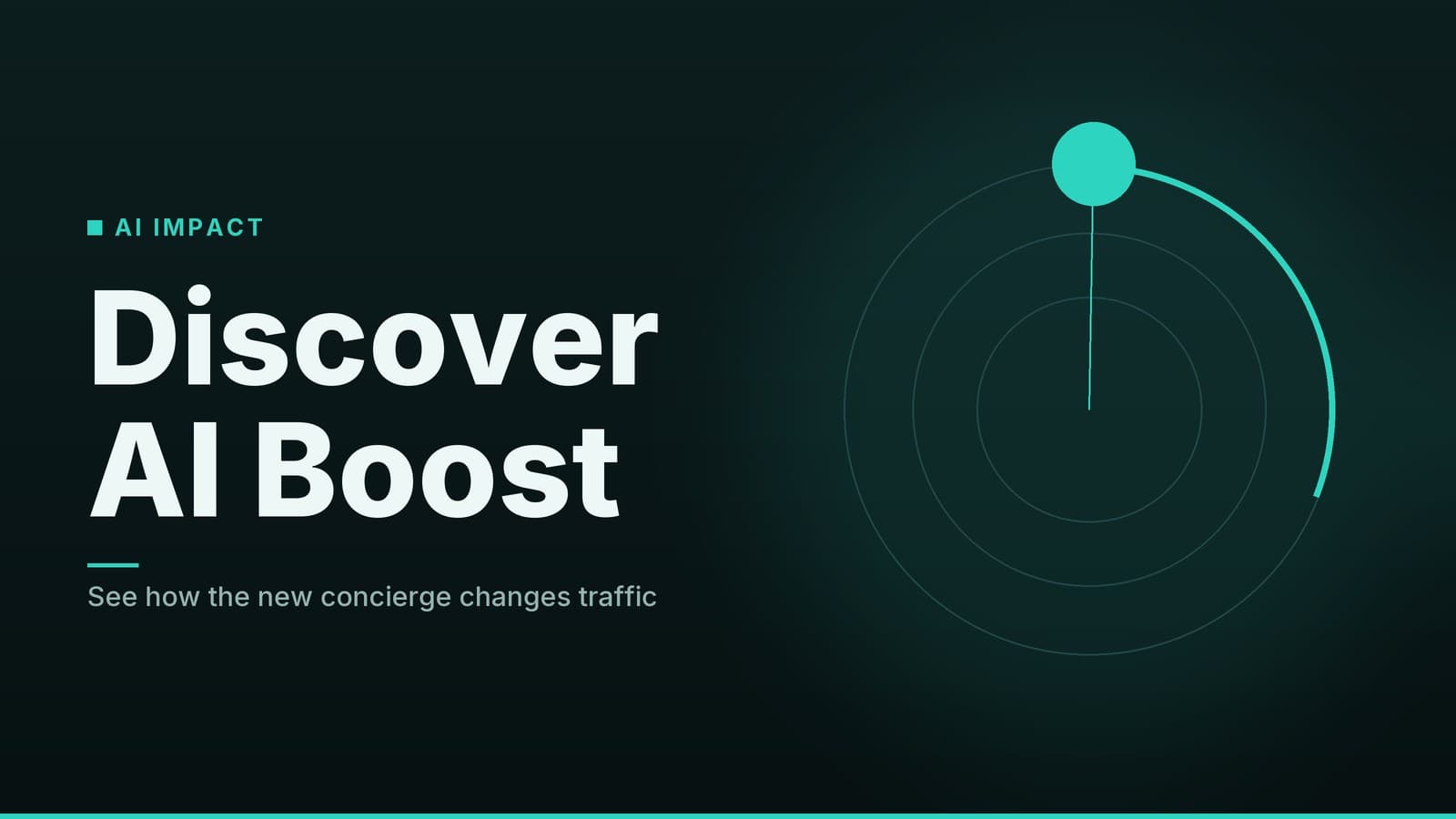 Editorial graphic: “Discover AI Boost” headline beside concentric rings with a bright marker on an arc, teal night palette