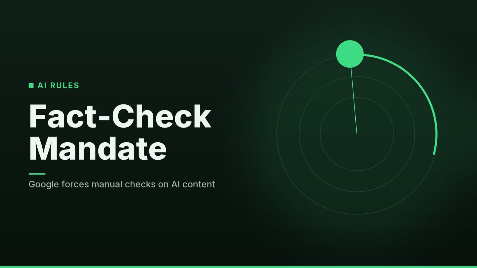 Editorial graphic: “Fact-Check Mandate” headline beside concentric rings with a bright marker on an arc, forest mint palette