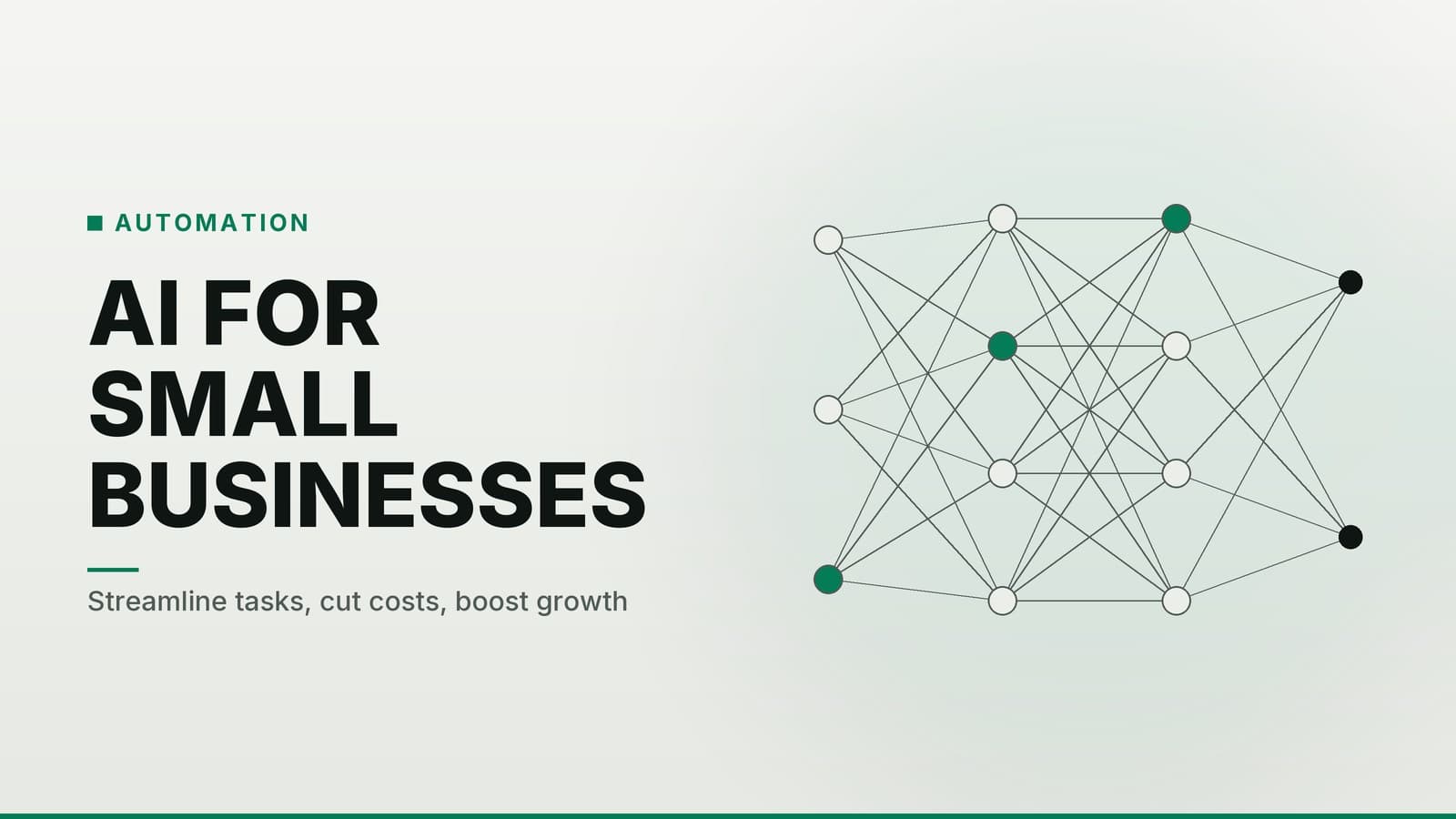 Editorial graphic: “AI FOR SMALL BUSINESSES” headline beside a layered network of connected nodes, paper emerald palette