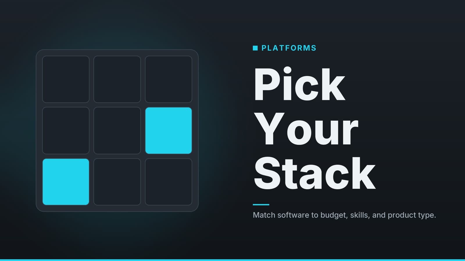 Editorial graphic: “Pick Your Stack” headline beside a three-by-three tile grid with highlighted tiles, slate cyan palette