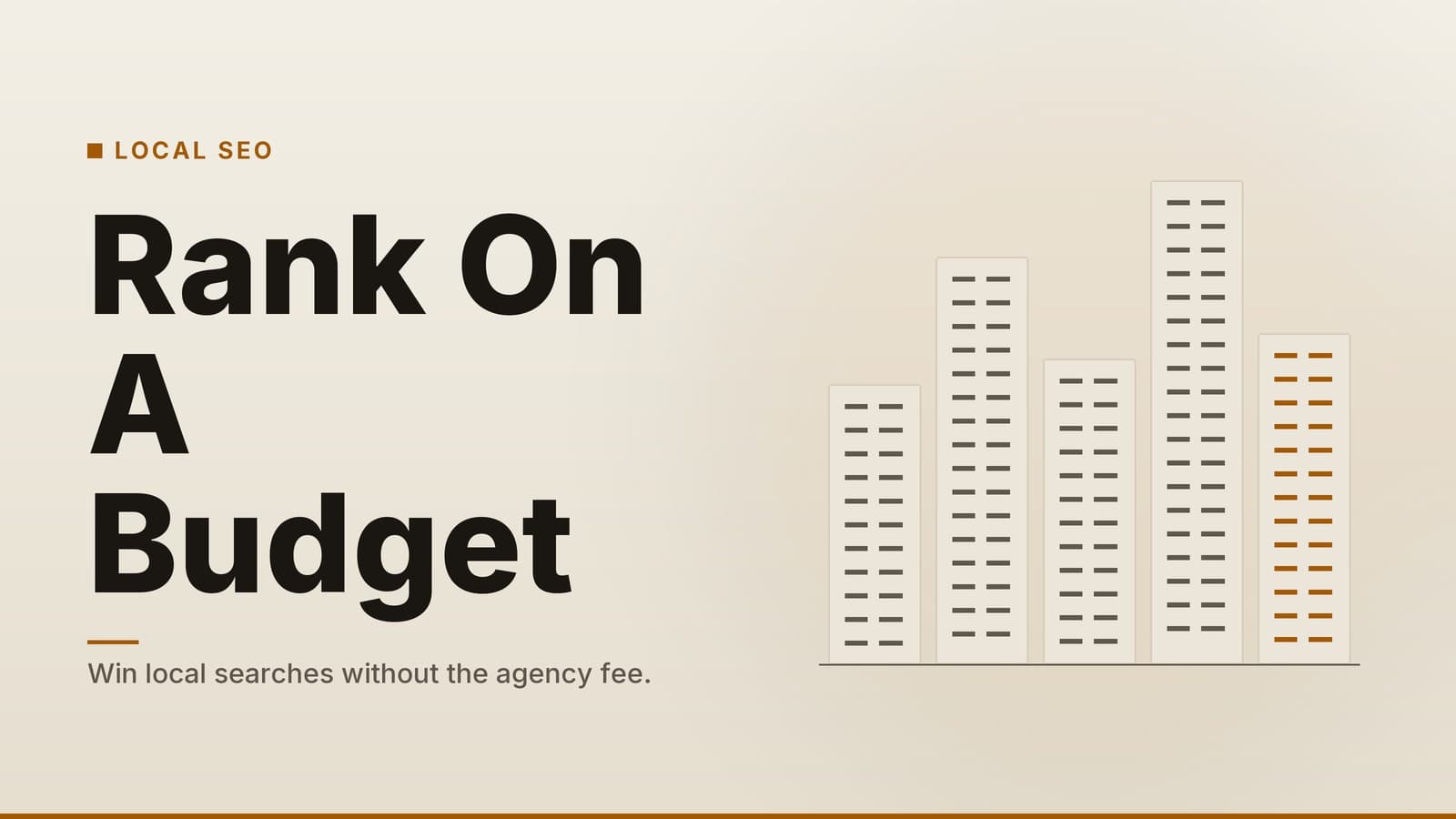 Editorial graphic: “Rank On A Budget” headline beside a row of stylised tower blocks, sand ink palette