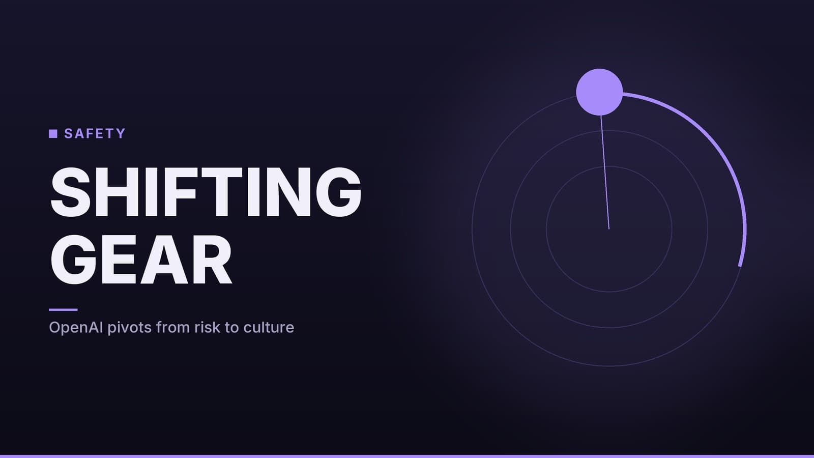 Editorial graphic: “SHIFTING GEAR” headline beside concentric rings with a bright marker on an arc, midnight violet palette