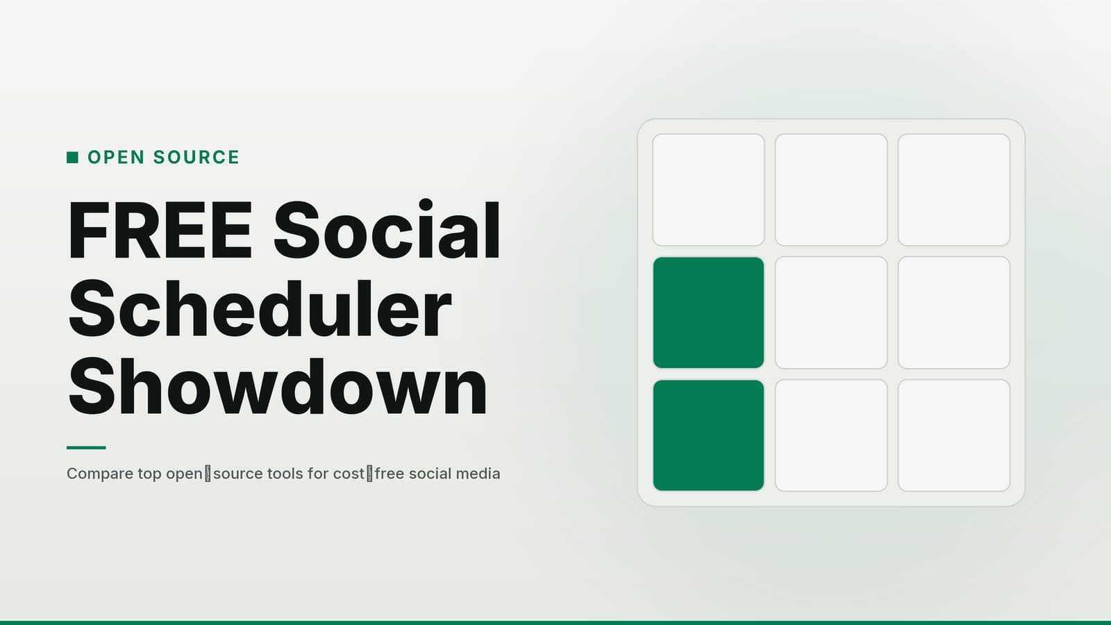 Editorial graphic: “FREE Social Scheduler Showdown” headline beside a three-by-three tile grid with highlighted tiles, paper emerald palette