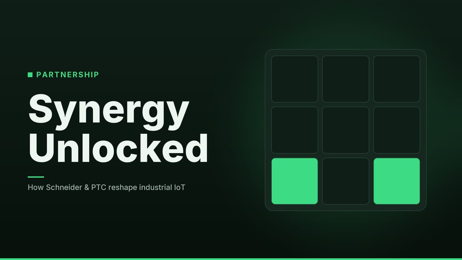 Editorial graphic: “Synergy Unlocked” headline beside a three-by-three tile grid with highlighted tiles, forest mint palette