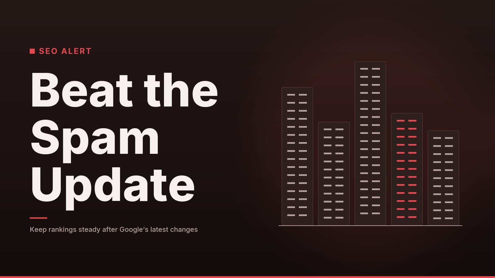 Editorial graphic: “Beat the Spam Update” headline beside a row of stylised tower blocks, ember palette