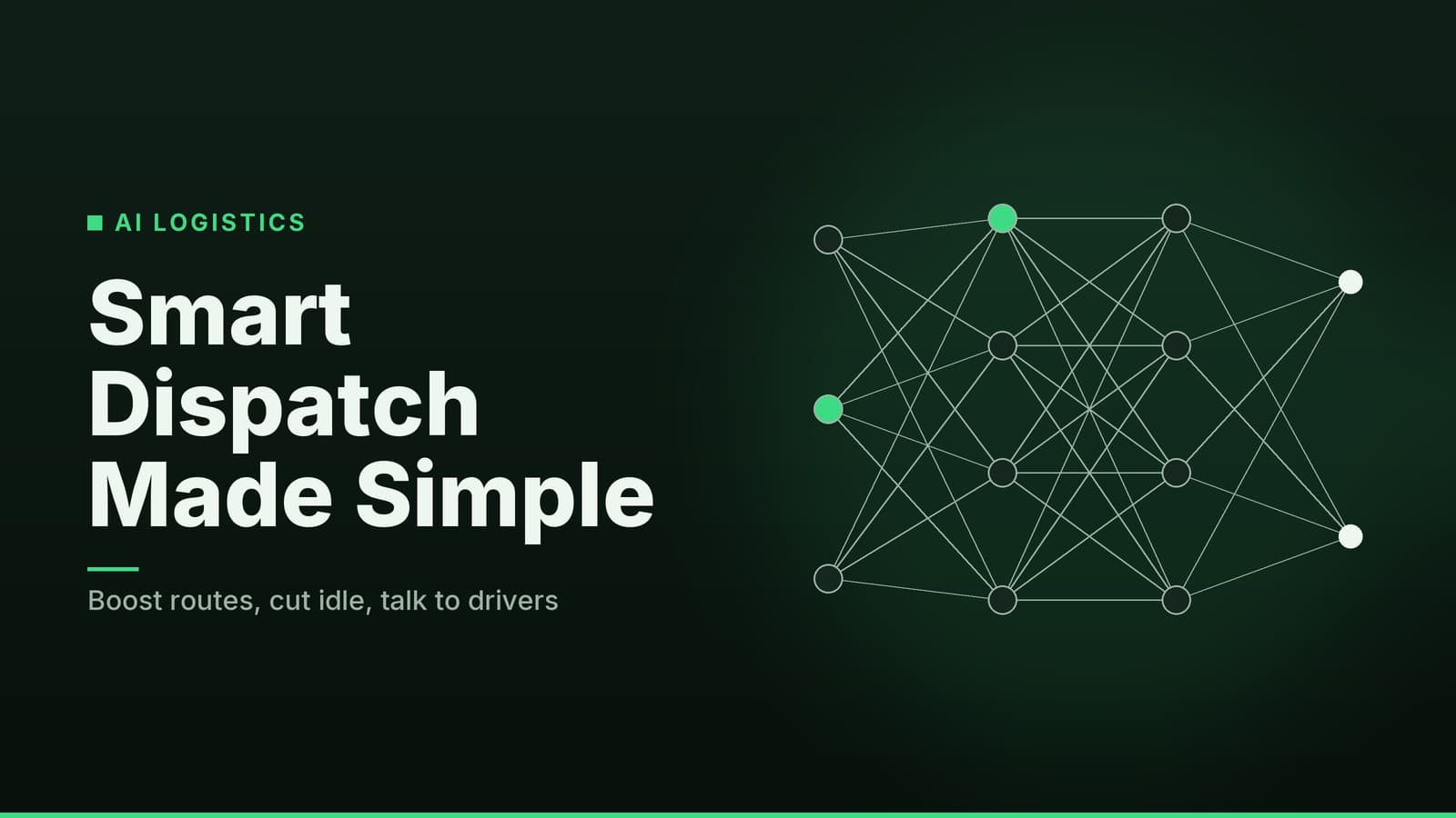 Editorial graphic: “Smart Dispatch Made Simple” headline beside a layered network of connected nodes, forest mint palette