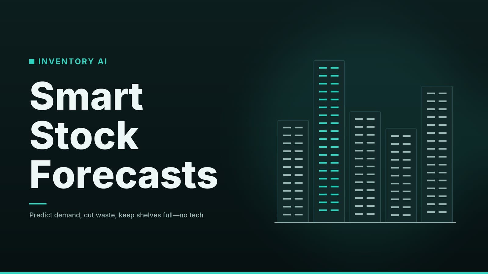 Editorial graphic: “Smart Stock Forecasts” headline beside a row of stylised tower blocks, teal night palette