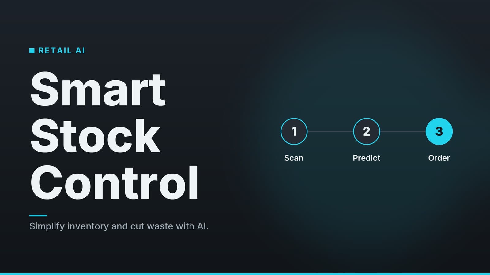 Editorial graphic: “Smart Stock Control” headline beside a sequence of numbered steps, slate cyan palette