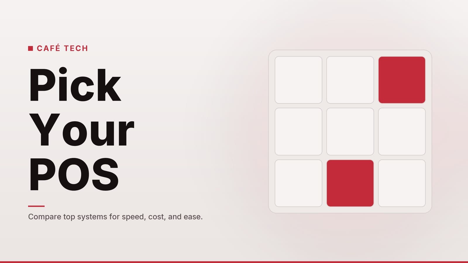 Editorial graphic: “Pick Your POS” headline beside a three-by-three tile grid with highlighted tiles, paper crimson palette