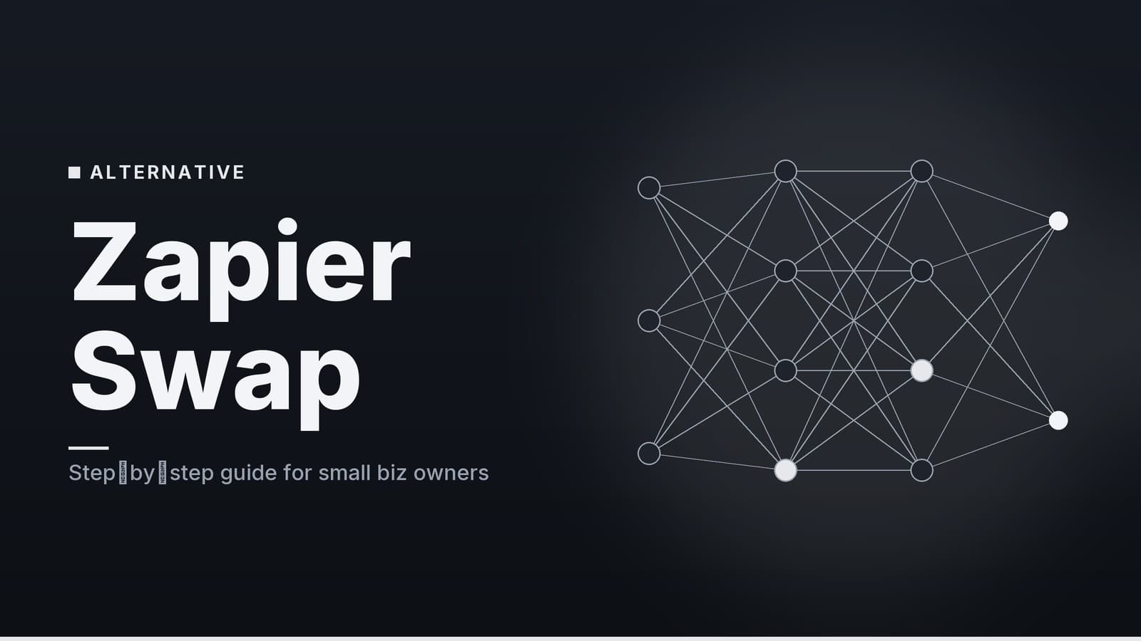 Editorial graphic: “Zapier Swap” headline beside a layered network of connected nodes, ink silver palette