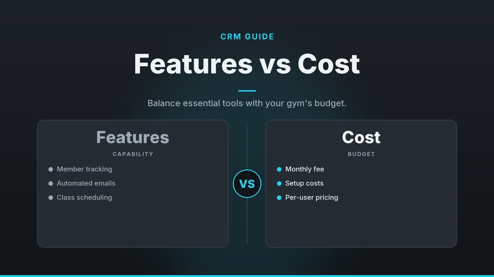Editorial graphic: “Features vs Cost” headline beside two comparison panels separated by a VS badge, slate cyan palette