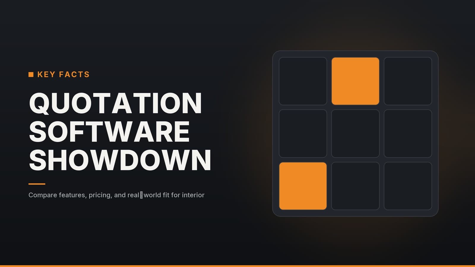 Editorial graphic: “QUOTATION SOFTWARE SHOWDOWN” headline beside a three-by-three tile grid with highlighted tiles, graphite orange palette