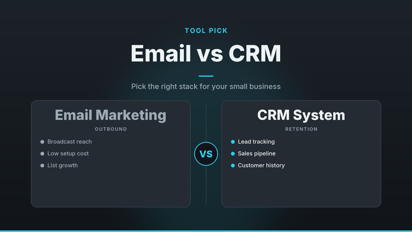 Editorial graphic: “Email vs CRM” headline beside two comparison panels separated by a VS badge, slate cyan palette