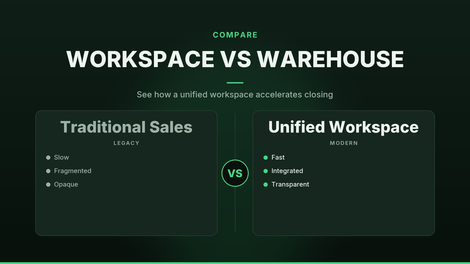 Editorial graphic: “WORKSPACE VS WAREHOUSE” headline beside two comparison panels separated by a VS badge, forest mint palette