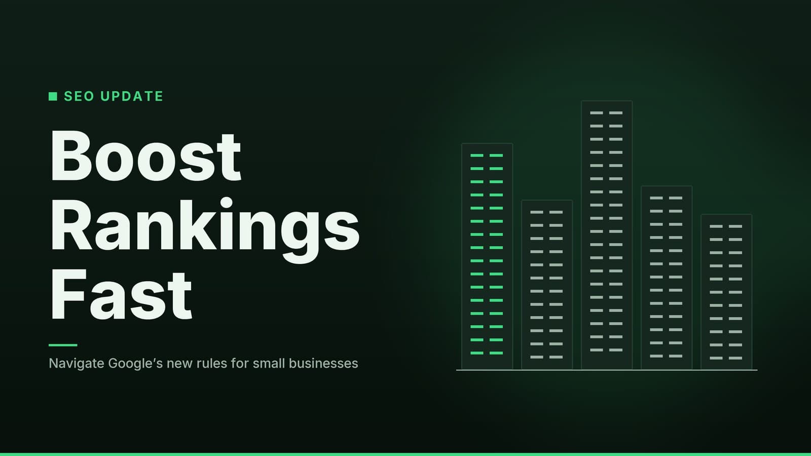 Editorial graphic: “Boost Rankings Fast” headline beside a row of stylised tower blocks, forest mint palette