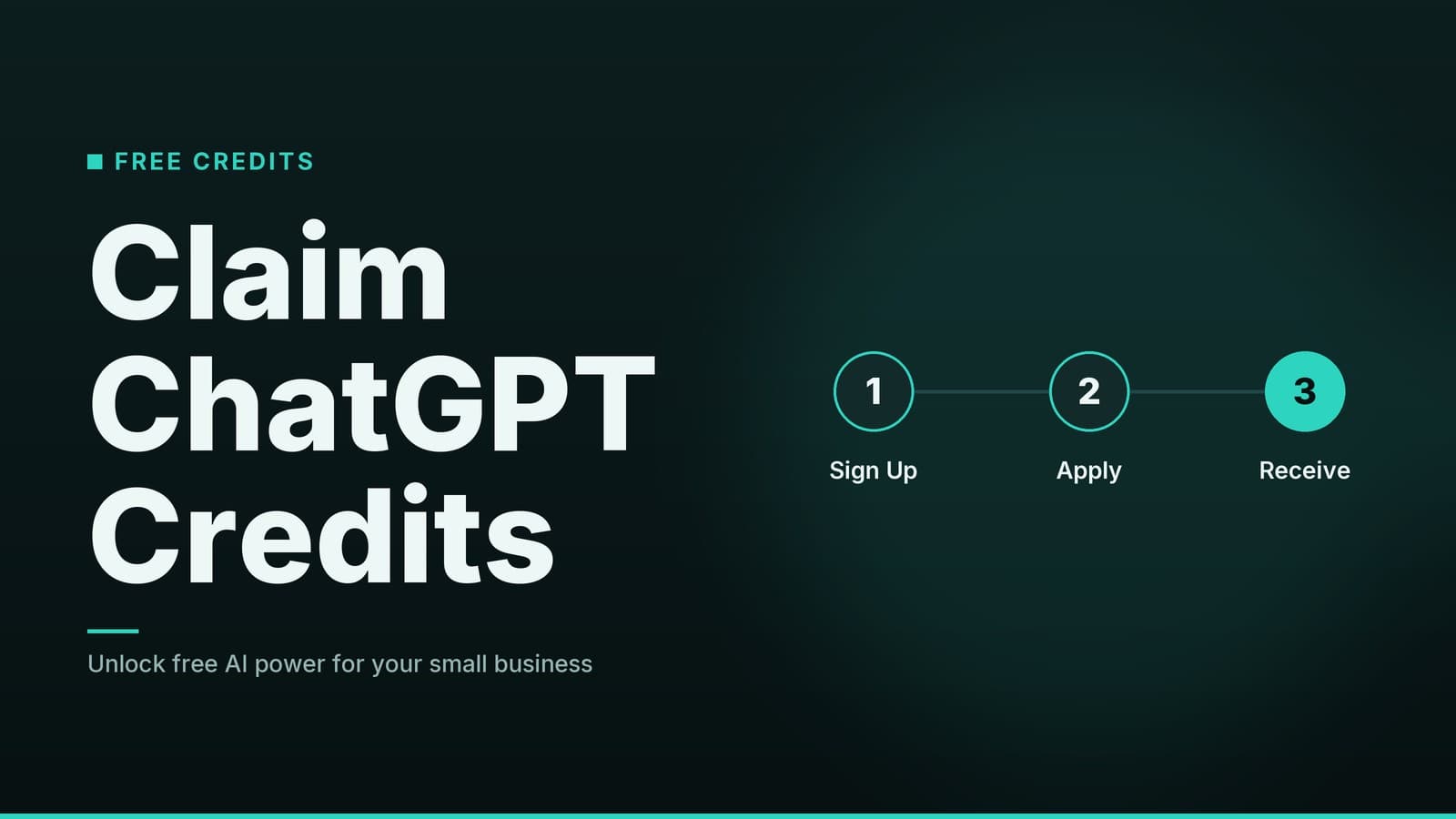 Editorial graphic: “Claim ChatGPT Credits” headline beside a sequence of numbered steps, teal night palette