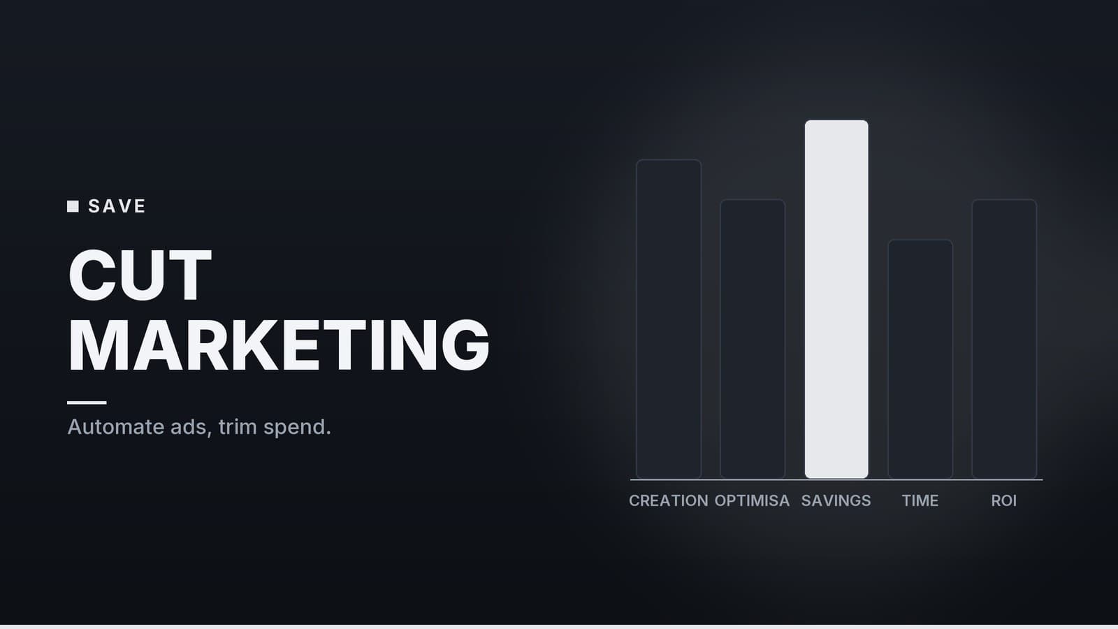 Editorial graphic: “CUT MARKETING” headline beside a simple bar chart, ink silver palette