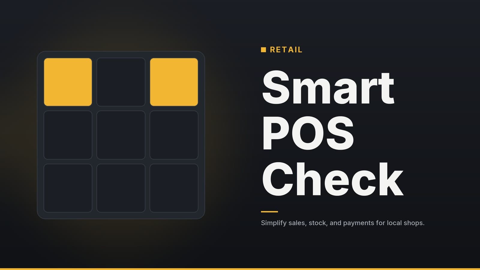 Editorial graphic: “Smart POS Check” headline beside a three-by-three tile grid with highlighted tiles, graphite amber palette