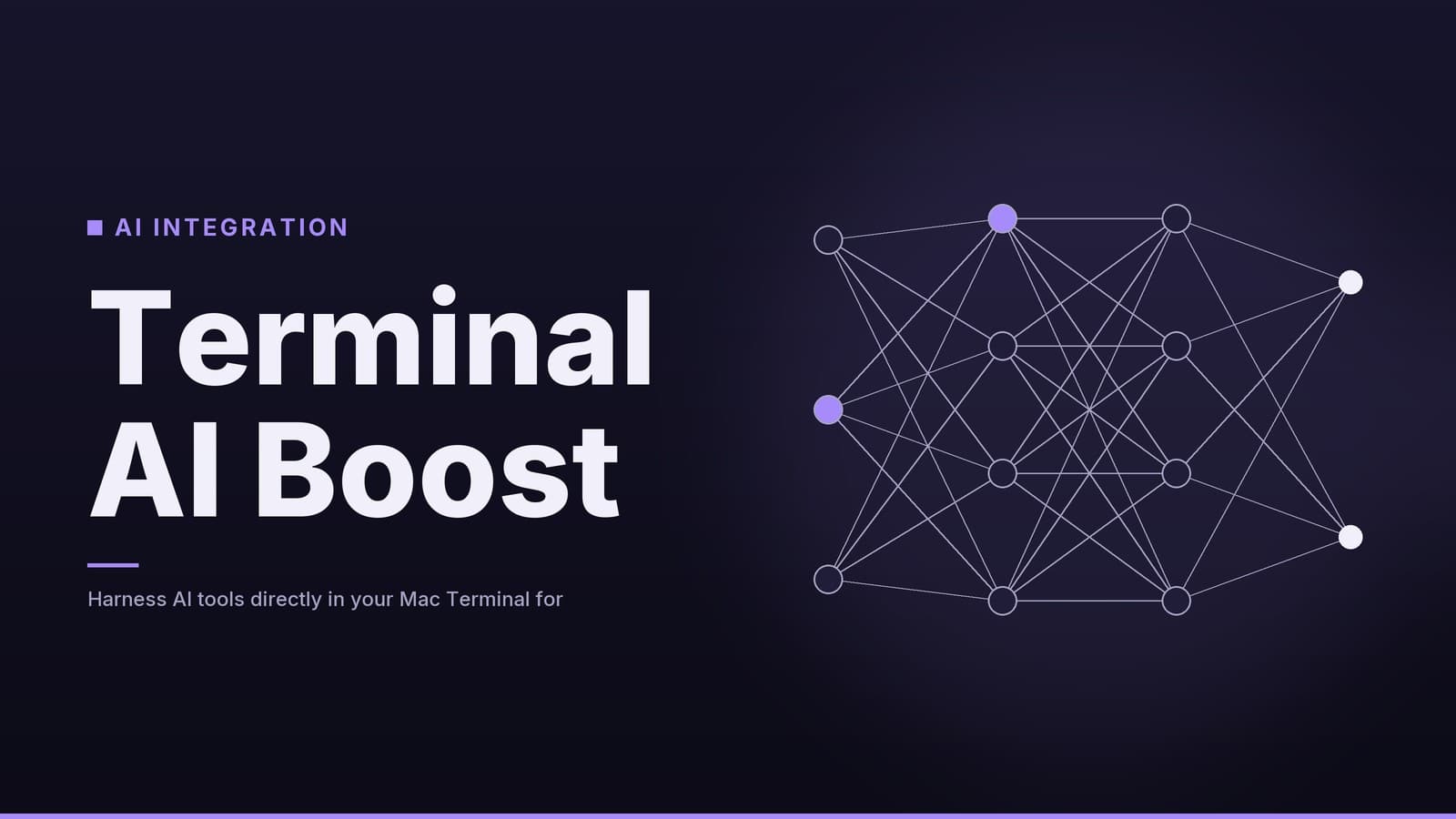Editorial graphic: “Terminal AI Boost” headline beside a layered network of connected nodes, midnight violet palette