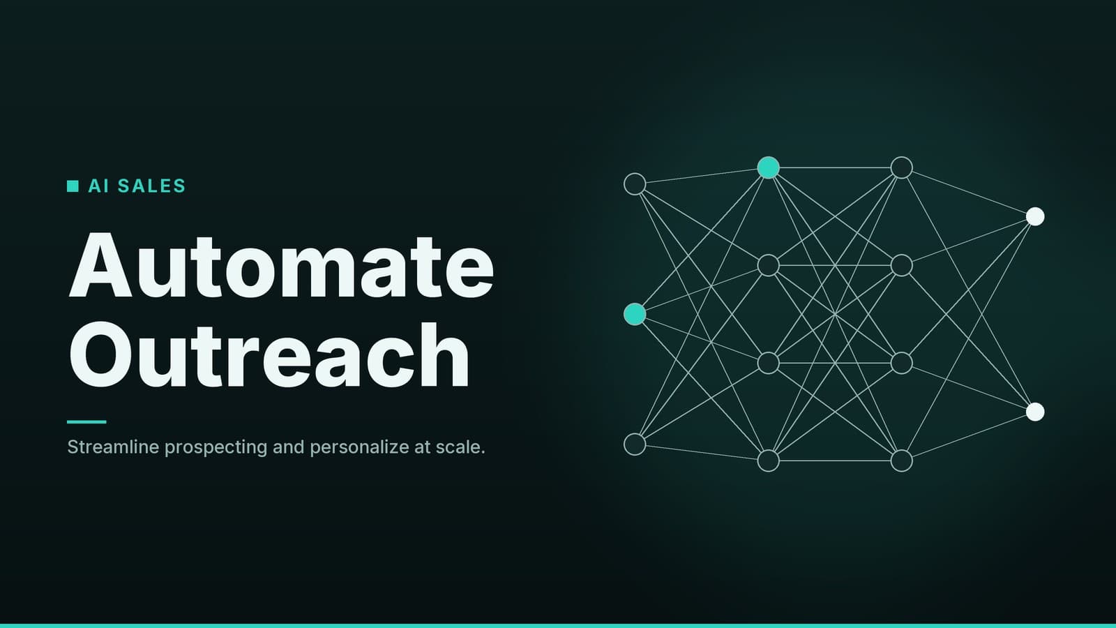 Editorial graphic: “Automate Outreach” headline beside a layered network of connected nodes, teal night palette